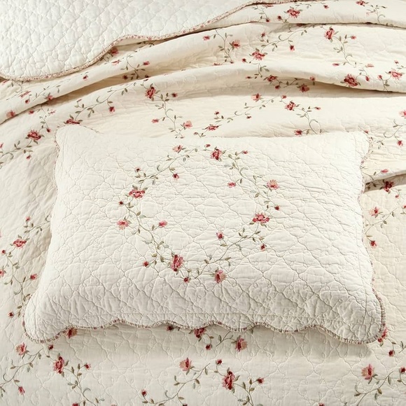 2-pc Floral Embroidered Pillow Shams Queen 100% Cotton Quilted (Cream,20"X28") - Picture 4 of 10